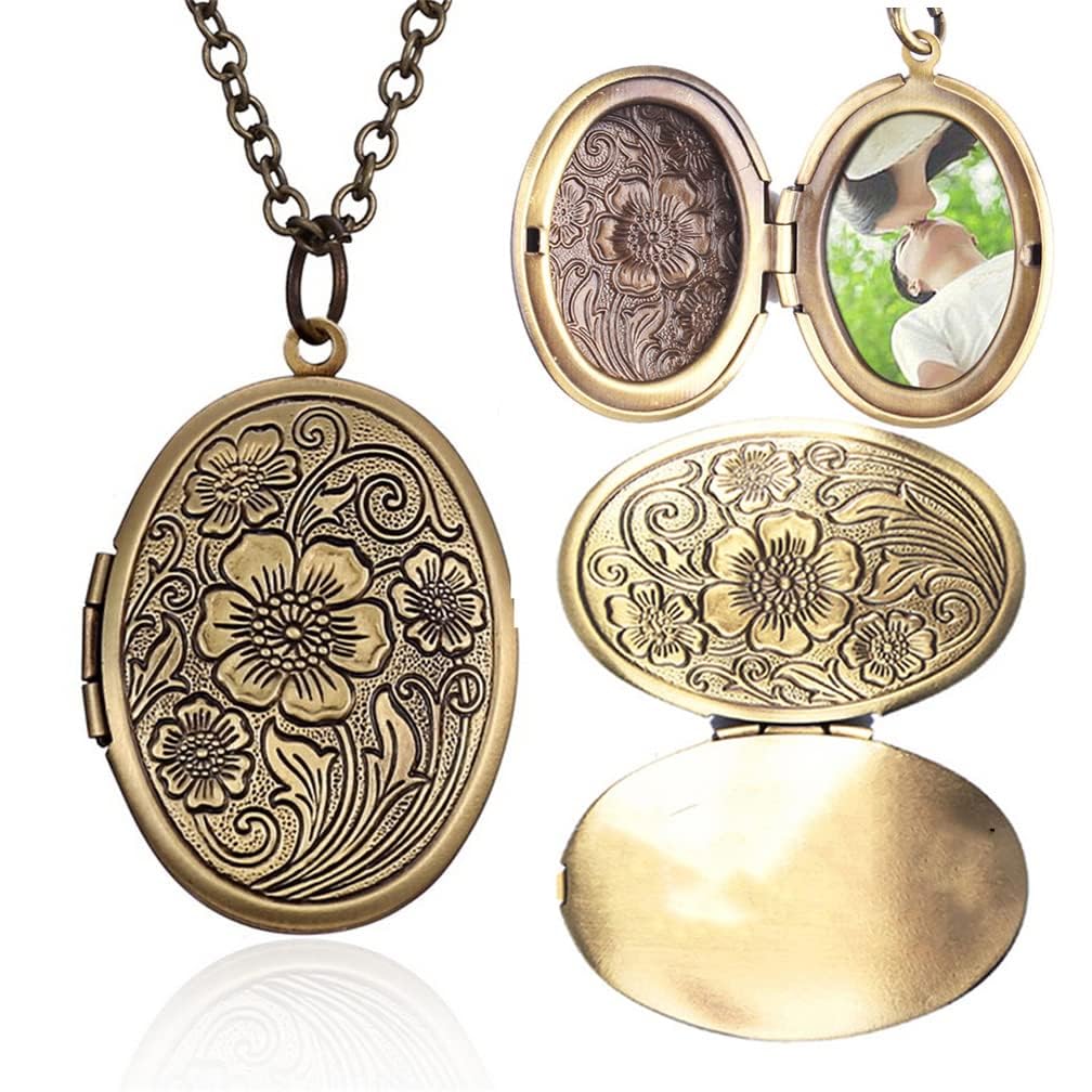 4EAELove4EAELove Customize Heart Locket Pendant Necklace Can Open DIY Photo Flower Carved Charm Picture Locket Necklace Titanium Stainless Steel
