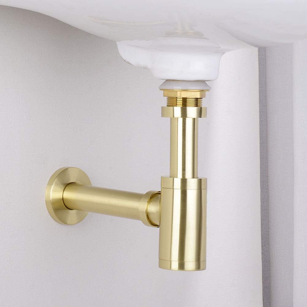 Brass Round Bottle P Trap, Basin Sink Waste Trap Drain Tube Kit Adjustable Height, Brushed Gold Finished