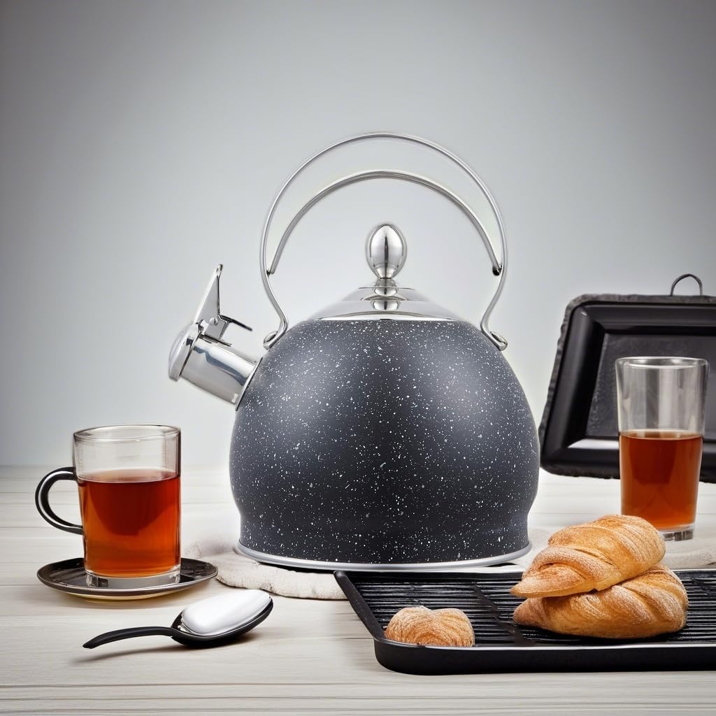 Creative Home 2.5 Quart Stainless Steel Whistling Tea Kettle Teapot with Aluminum Capsulated Bottom for Fast Boiling Heat Water for Induction Stove Top, Opaque Black with Speckle