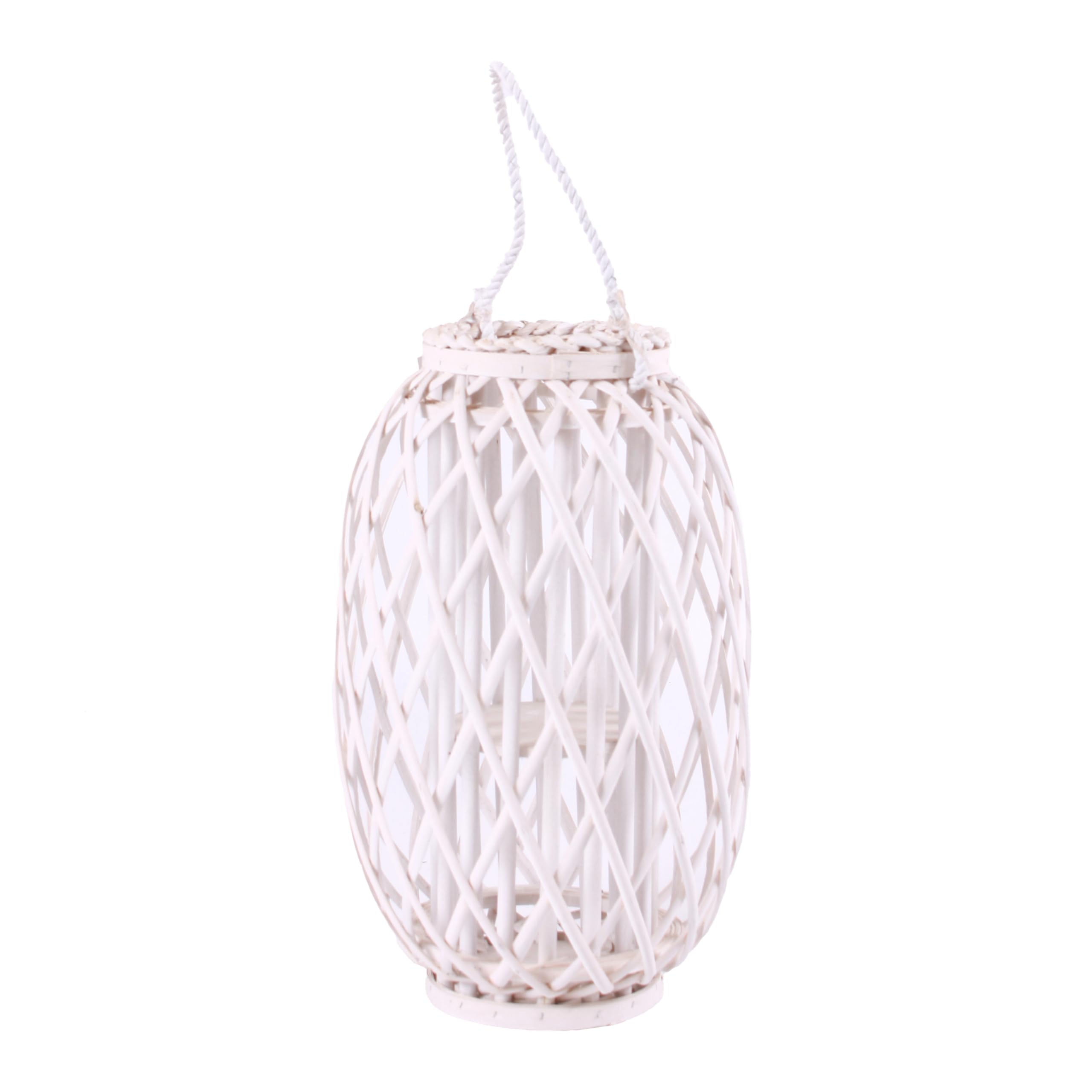 Lanterna Bianca in Vimini con Manico in Corda, Lanterna Decorativa Alta per Interni ed Esterni Stile Rustico 16x44 cm