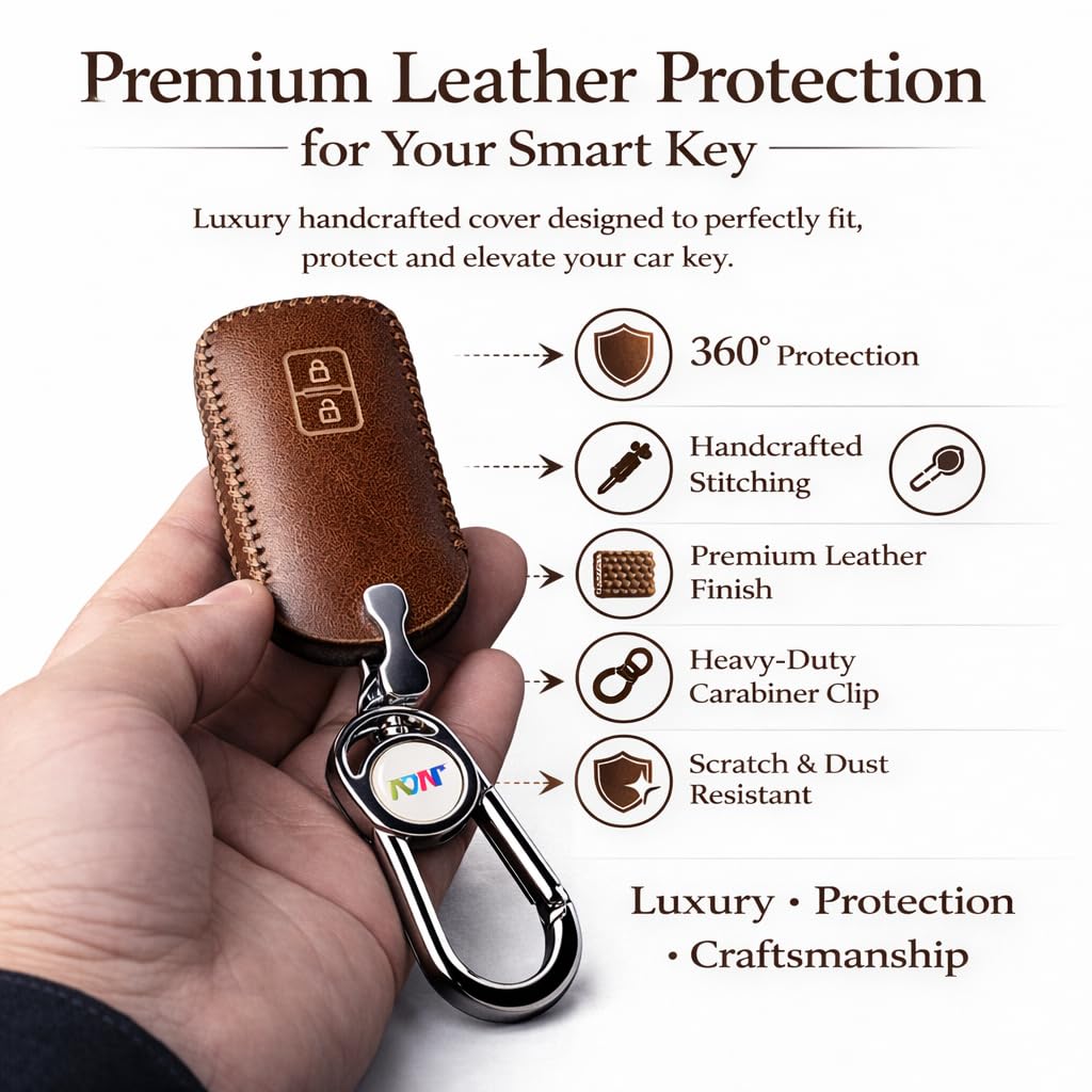 JVCV® Car Styling Soft Handmade Leather Key Cover Compatible with Suzuki Jimny Fronx Grand Vitara Victoris Baleno XL6 Swift Ertiga, Dzire Urban Cruiser Glanza, Hyryder (2 Button Smart Key, Brown) 1