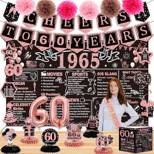 60th Birthday Decorations for Women,24PCS 1965 Banner Decorations,Including Banner,6 Honeycomb Topper,60 Balloons,Cheers to 60 Years Banner,7 Hanging Swirl,6 Paper Poms,Anniversary Card,Sash