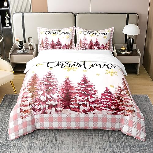 Homewish Xmas 100% Cotton Duvet Cover Single Size Girls Cute Kawaii Bedding Set Pink Christmas Tree Comforter Cover Geometric Lattice Buffalo Golden Snowflake Bed Sets with 1 Pillowcase