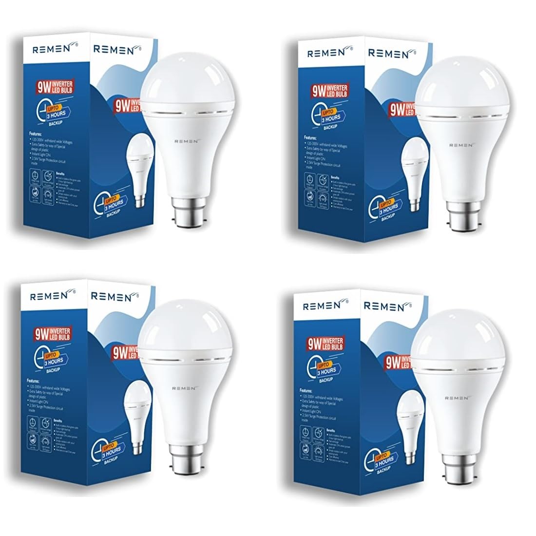 REMEN B22D 9W Rechargeable Emergency Inverter Led Bulb (Cool White - Pack of 4), Upto 4 Hours Battery backup (B0C74C84TN) Amazon Price History, Amazon Price Tracker