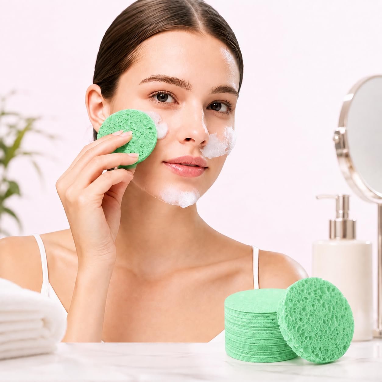 10-Count Compressed Face Cleansing Sponges, Natural Fiber Round Exfoliating Pads for Daily Washing and Cleanser Removal (Green)