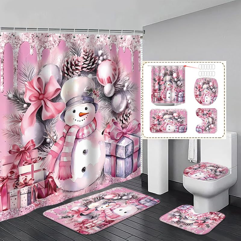 Ensemble de Salle de Bain de Noël en 4 pièces, Ensemble de Rideaux de Douche de Noël, Rideau de Douche avec 12 Crochets