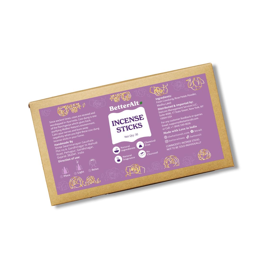 Better Alt Incense Sticks, Natural Rose Fragrance (30 Qty)| for Relaxation & Air Cleanising| 100% Natural, Chemical Free, No Charcoal