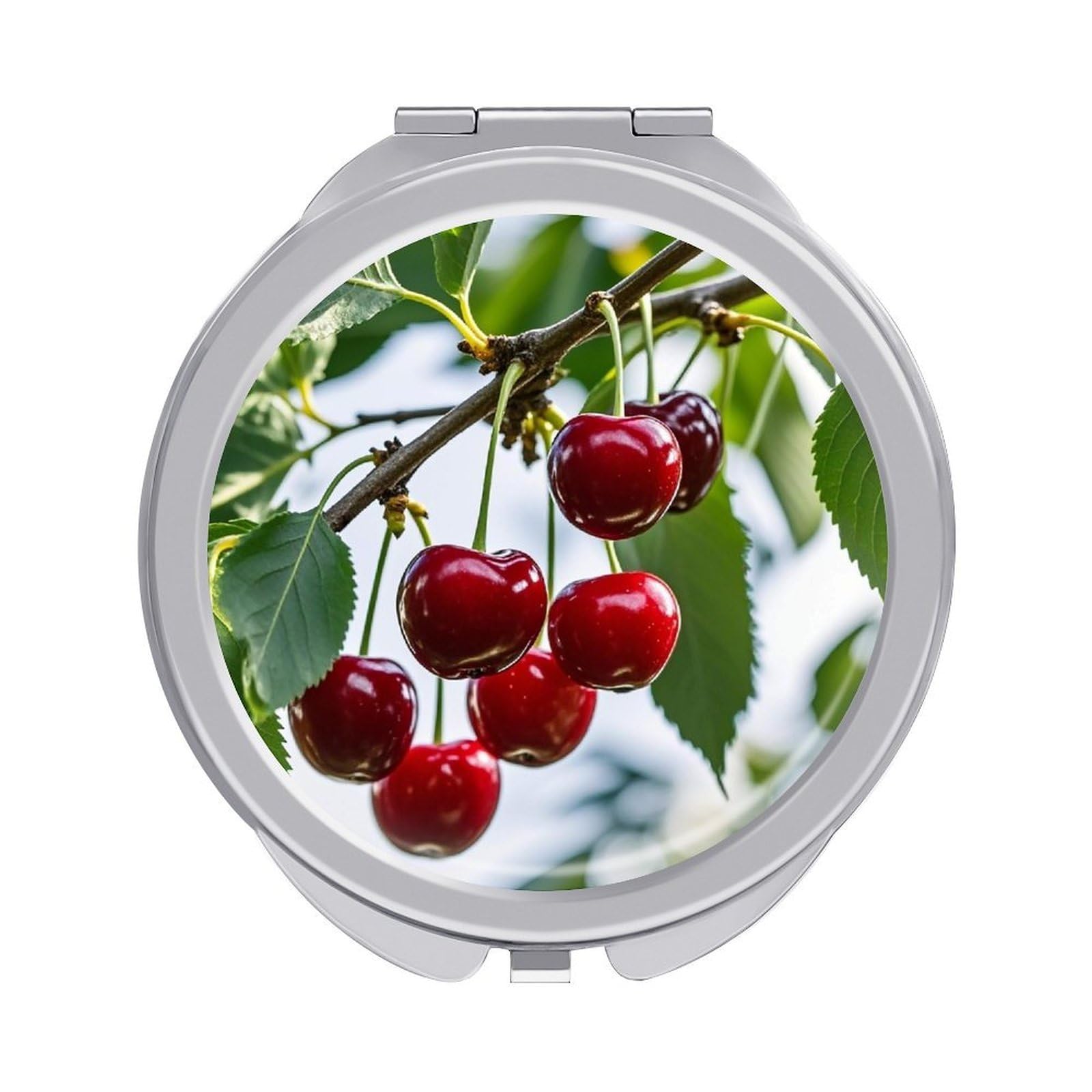 FekiLoot Red Cherry Pattern Travel Makeup Mirror for Women Folding Portable Hand Compact Mirrors Small Round Vanity Mirror 1X/2X Magnifying Metal Pocket Makeup Mirrors