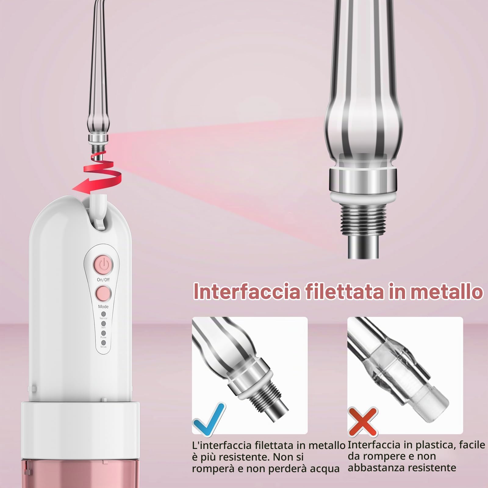 Idropulsore Dentale Portatile Rosa Senza Fili, Irrigatore Orale Ricaricabile con Custodia da Viaggio, 4 Modalità & 5 Beccucci, Spruzzino Elettrico per Denti IPX7 Impermeabile per Casa e Viaggio