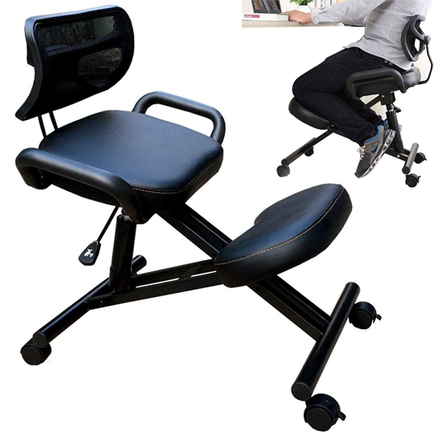 Silla de Rodillas Ajustable en Altura Taburete de Rodillas Ergonómica con Ruedas y Respaldo Sillas Ergonomicas Oficina para Alivia la Fatiga del Cuello y Las Piernas