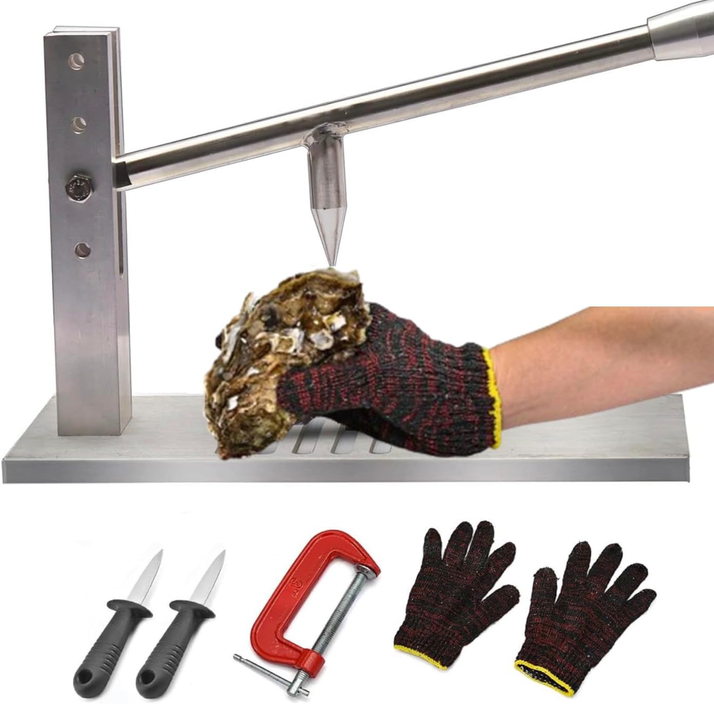 Oyster Shucker Tool Set, Oyster Clam Opener Machine, Adjustable Coconut Opener Tool, Stainless Steel Oyster Shucker, Shucking Knife Tool Set with 2 Knives & Gloves & G-clip
