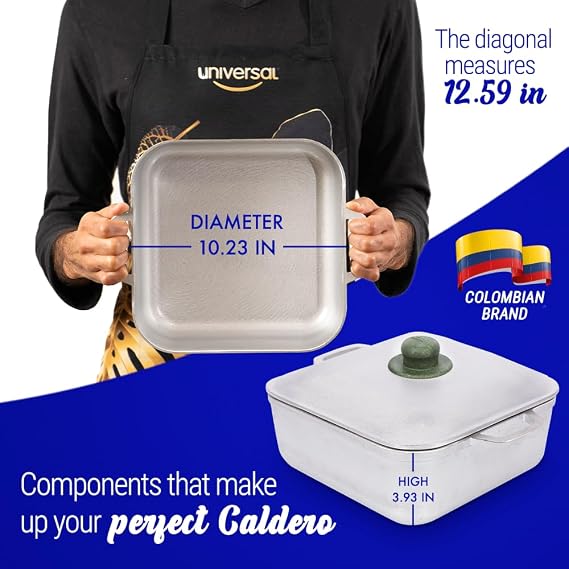 Universal (6 Quart - 15 Cups) Square Caldero Cast Aluminum Cooking Pot with Lid, Oven Safe Dutch Oven Pot for Rice, Soups, Stews, Roasting & Everyday Cooking