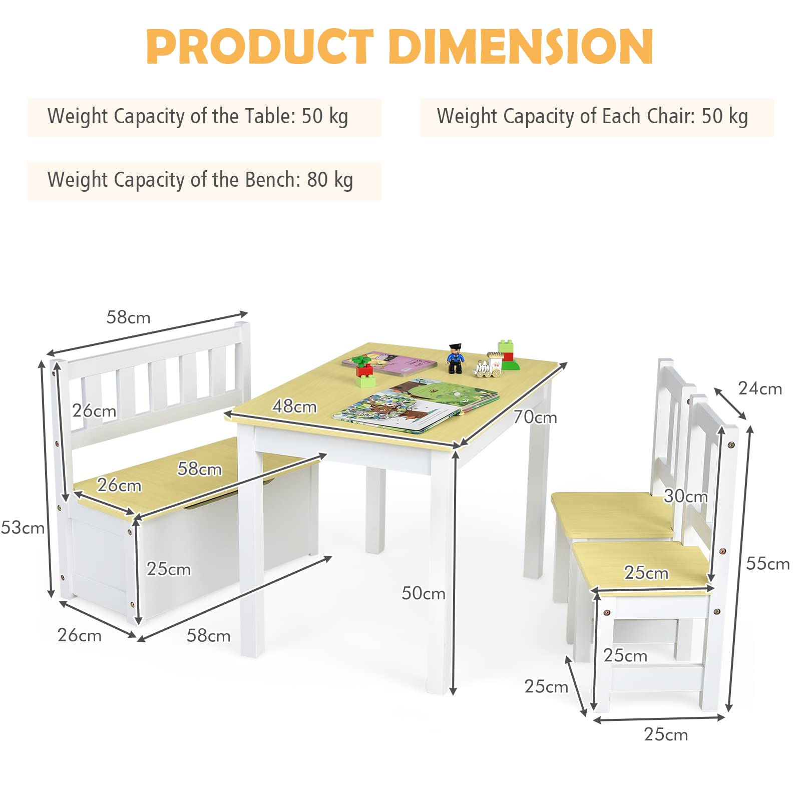 LIFEZEAL Tavolino Bambini, in Legno, Tavolino e Sedie per Bambini, 4 Pezzi, con 2 Sedie, 1 Panca Contenitore per Giocattoli e 1 Tavolo Rettangolare, Set Cameretta per Bimbi 3-7 Anni, Naturale e Bianco