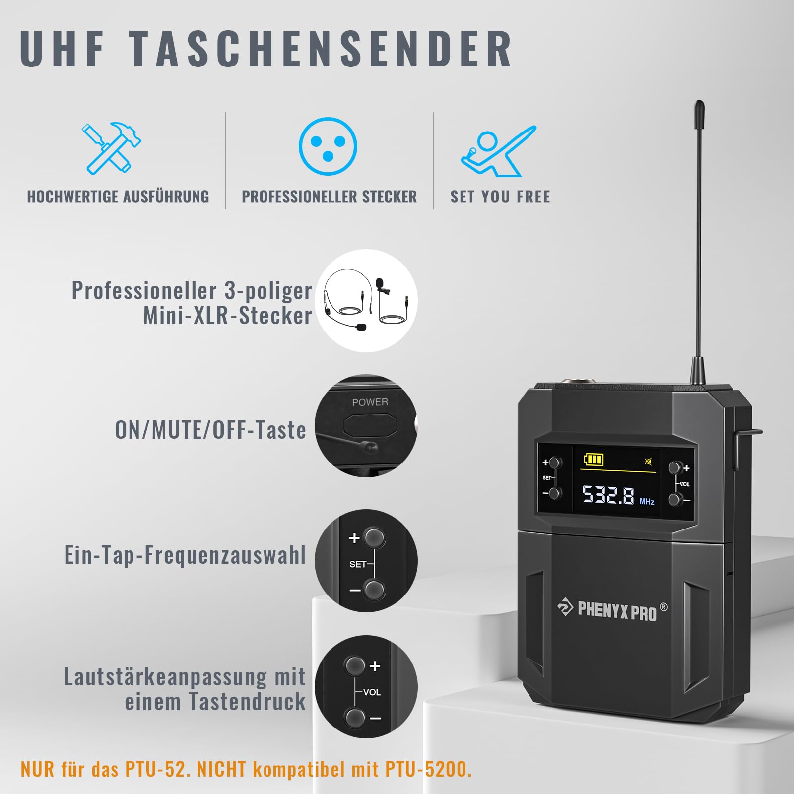 Phenyx Pro Kabelloses Mikrofon-Set mit Handmikrofon/Bodypack/Headset/Lavalier-Mikrofonen, 2x30 UHF-Frequenzen, ideal für Gesang, Karaoke, Kirche, DJ (PTU-52B)