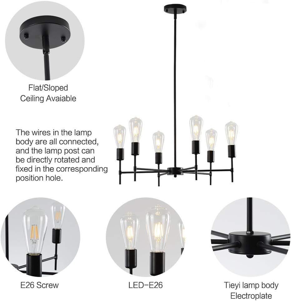 XILICON Black Sputnik Chandelier Vintage Metal Semi Flush Mount Ceiling Light Modern Style Chandelier 6 Lights Sputnik Lighting