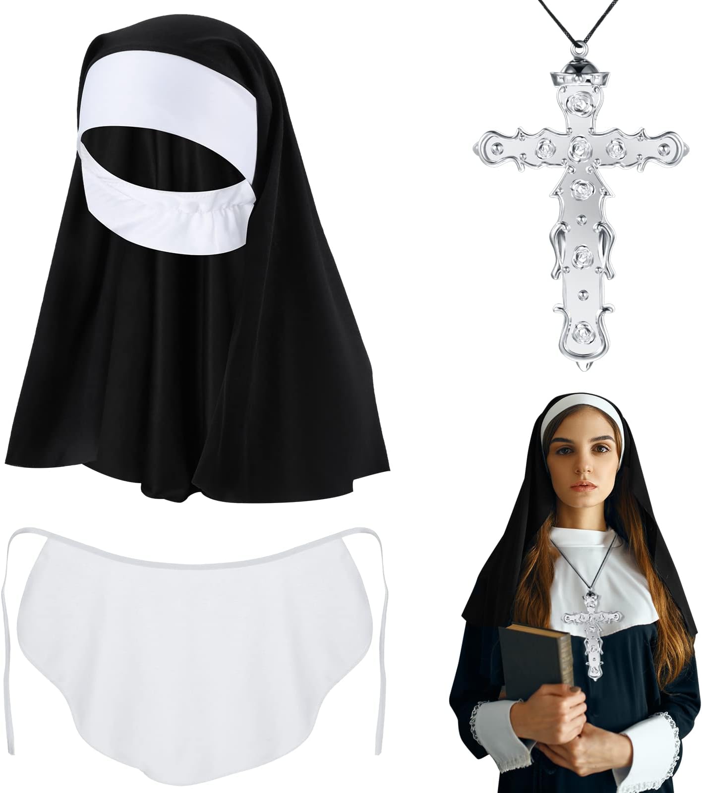 Sintege 3 Pieces Halloween Nun Costumes for Women Outfit Include Headpiece, Crossing Necklace and Collar Accessories for Adult Ladies Dress, One Size