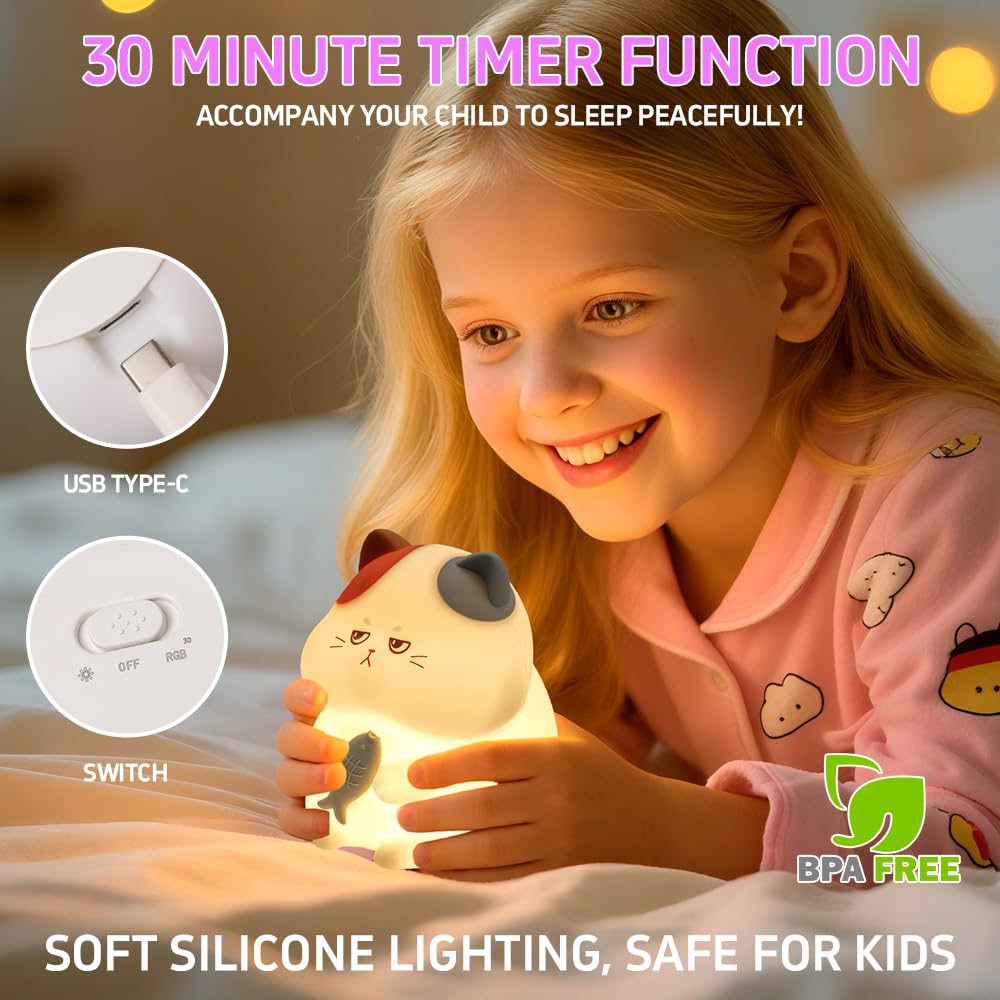 Cat Night Light, LED Squishy Animal Night Lamp Rechargeable, Novelty Nursery Lamp Nightlight - Image 4