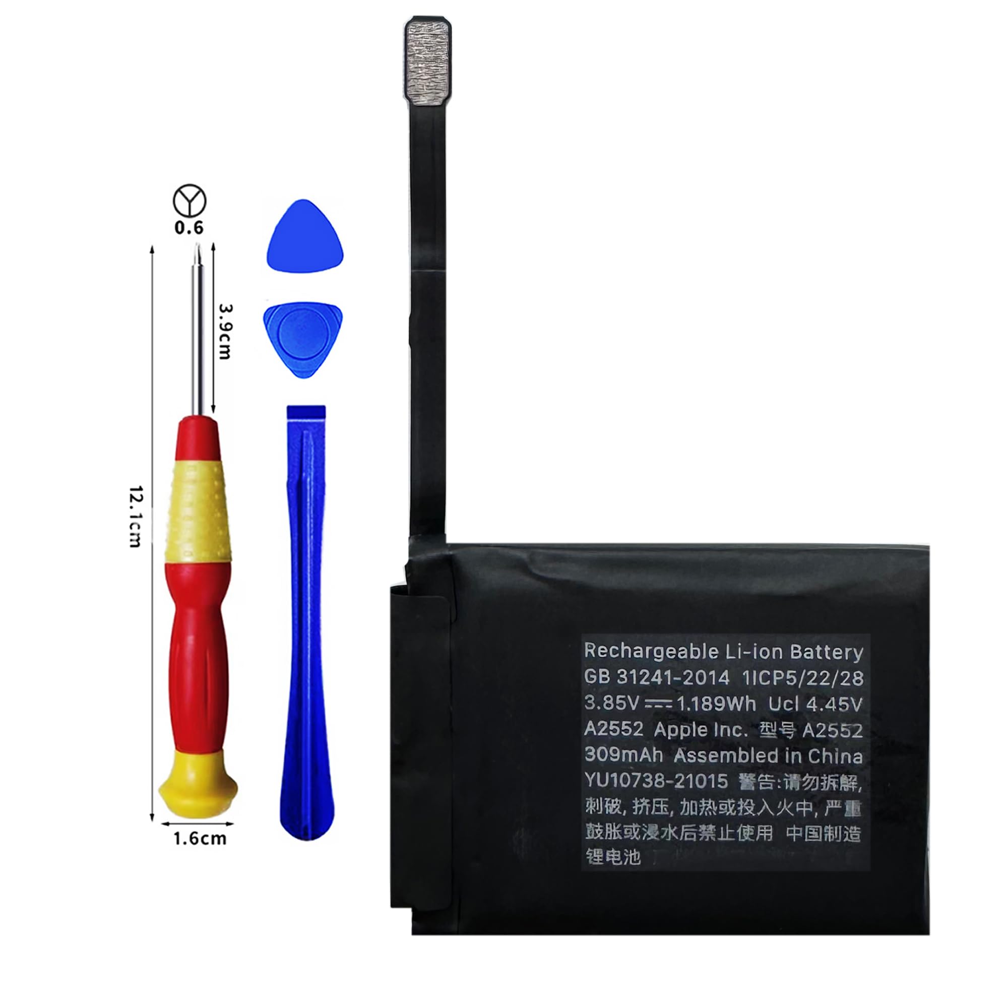 Batteria di ricambio A2552 per Watch Series 7, 45 mm, A2478, ricaricabile a 0 cicli, compatibile con Apple Watch Series 7, 45 mm, A2478, con kit di riparazione