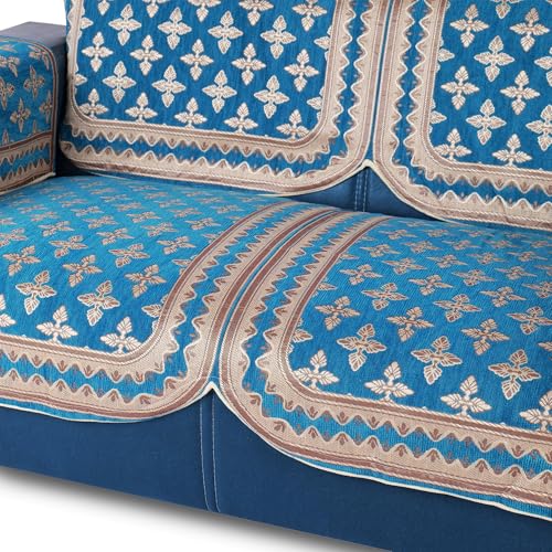 Image of Premium Chenille Woven Anti-Slip 2 Seater Sofa Cover | L-Shape Sofa Seat Protector for Living Room | Durable & Stylish Slipcover - Turquoise - Floral