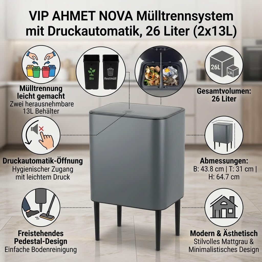 Vip Ahmet Nova Mülleimer Küche 2 Fächer. Touch-Abfalleimer mit Deckel. Küchenabfalleimer für Abfall & Recycling. Doppel Mülleimer (Matt Grau. 26L)