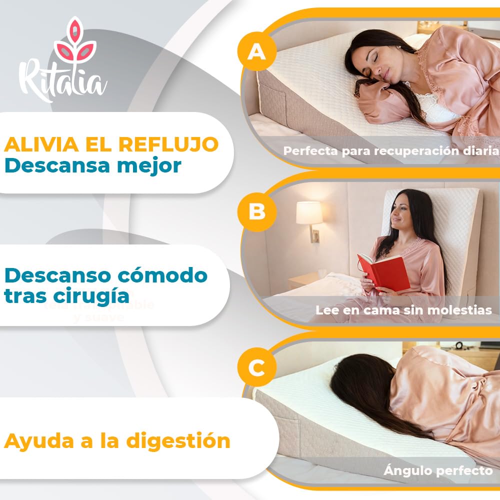 Ritalia Cuña Antireflujo Adulto 65x60x20 cm para Elevar Colchón con Gel Viscoelástica, Cojín de Lectura con Funda Lavable de Bambú, Respaldo Cama, Espuma CertiPUR