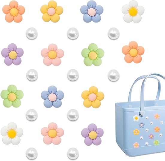 Hroatpk 24 Pcs Charms for Bogg Bag, Pearls and Flowers, Compatible with Simply Southern Beach Bag Tote, Insert for Rubber Beach Tote Accessories