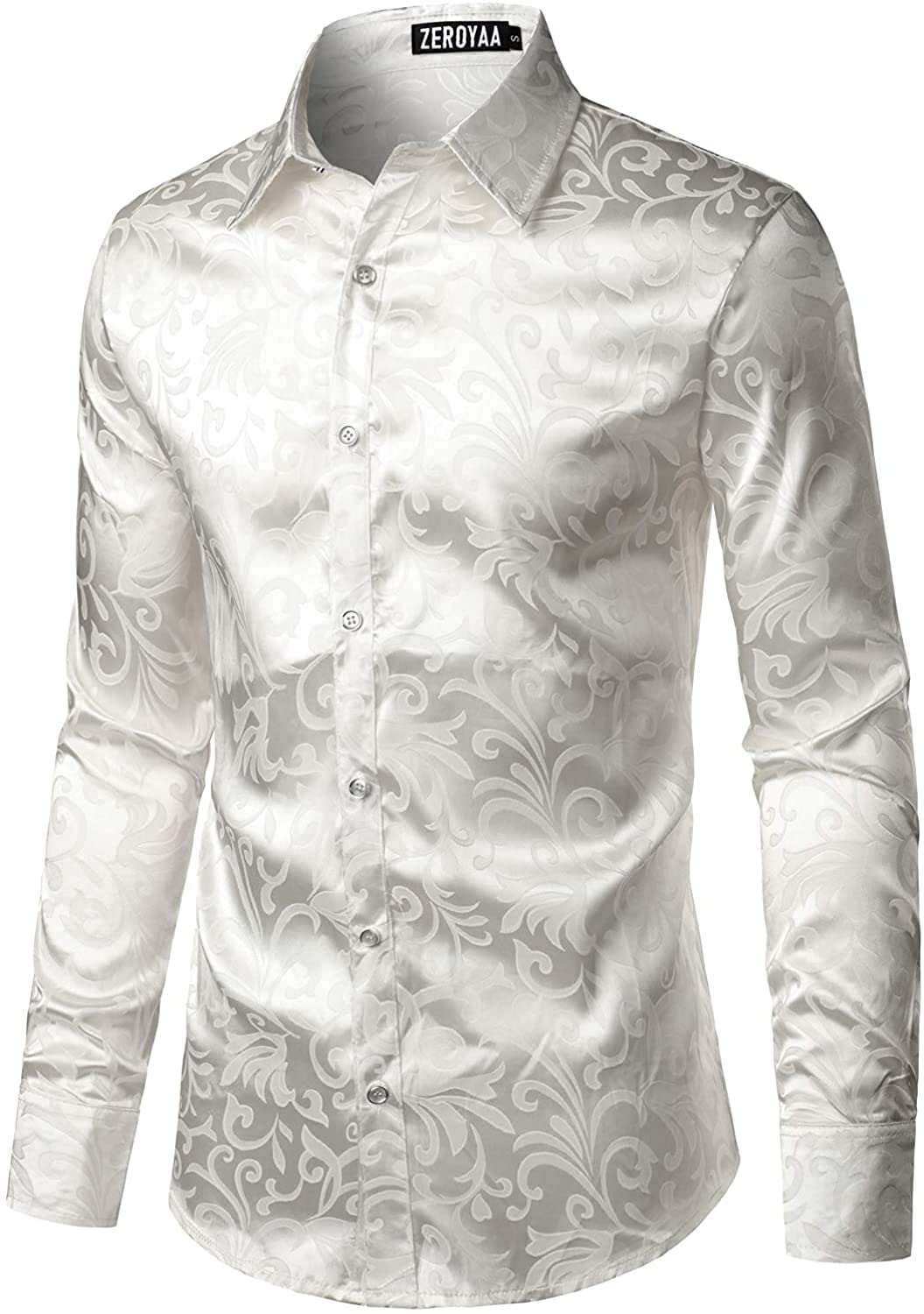 PARKLEES Luxuriöses Jacquard-Langarmhemd für Herren, schmale Passform, Satin, seidig, Blumenmuster, für Hochzeit, Party, Abschlussball