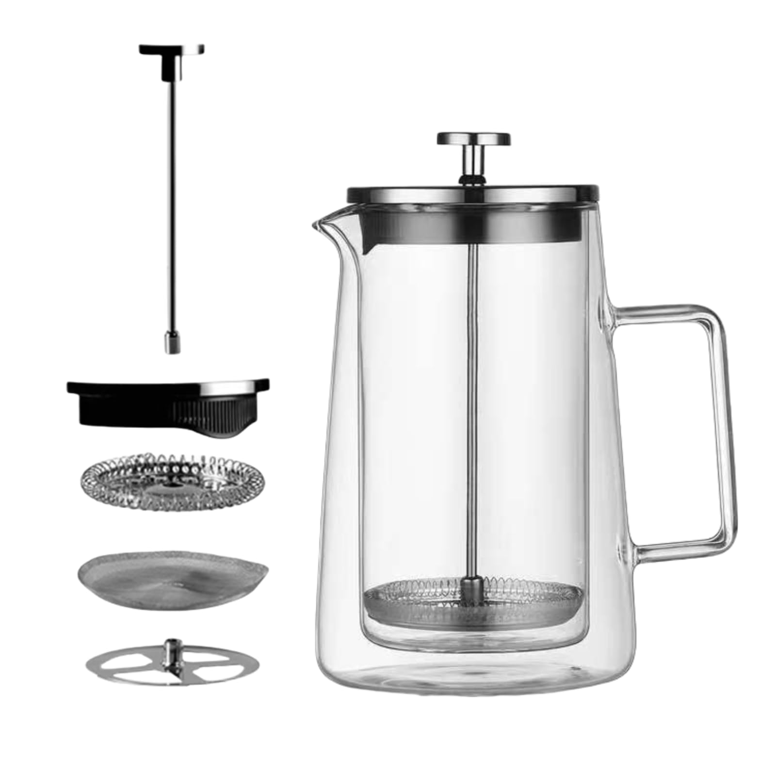 French Press Kaffeebereiter, 1 Liter, doppelwandiges isoliertes Borosilikatglas, hitzebeständiges Design, Edelstahlfilter für Kaffee, Tee und Kaltgebrühe