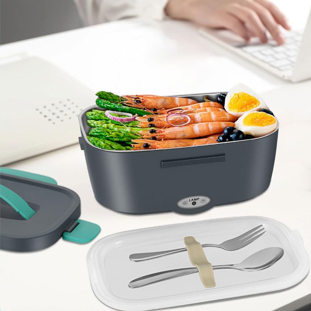 Fiambrera Aislante portátil de Doble Compartimento, Calentador de Alimentos portátil, para Coche, casa, Oficina, Viajes, con Recipiente de Acero Inoxidable(Blue+White Buckle Handles)