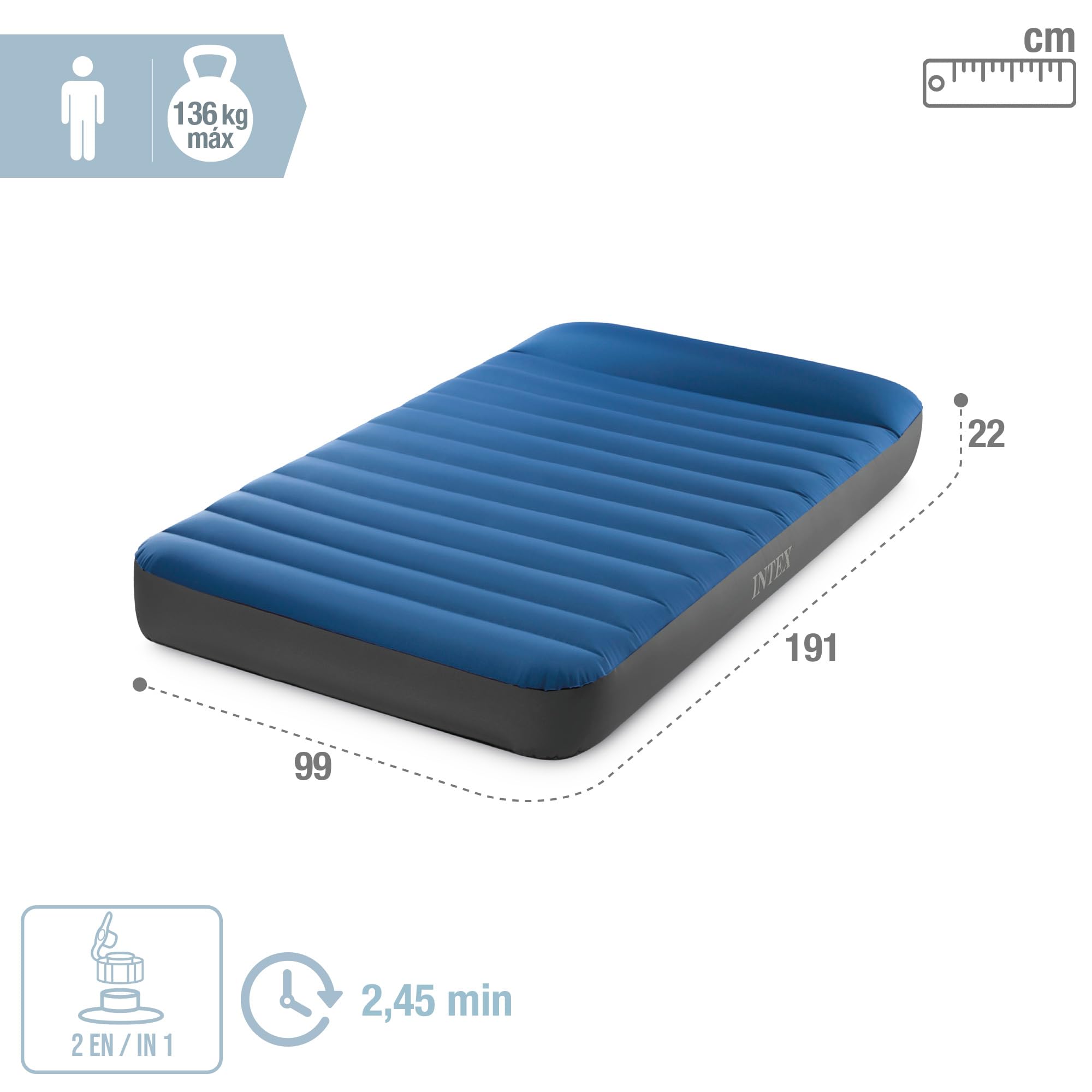 Intex Twin Dura-Beam Premaire materac kempingowy z USB 150, napompowany rozmiar: 99 cm x 1,91 m x 22 cm (64011)