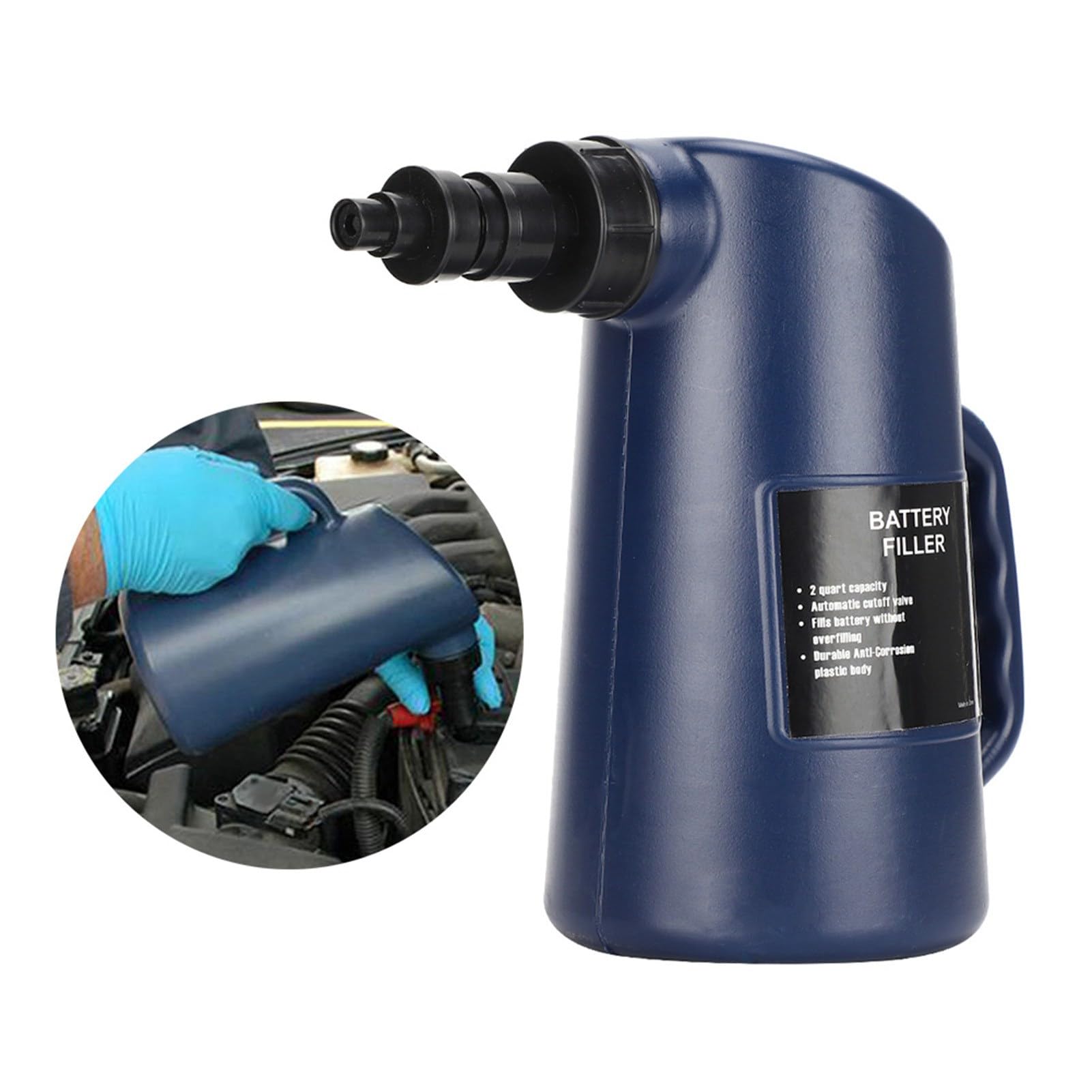Botella Llenado Batería 2L, Parada Automática, Válvula Doble Acción, Resistente al Ácido, Jarra PP/PE para Mantenimiento Baterías Coche & Ciclo Profundo