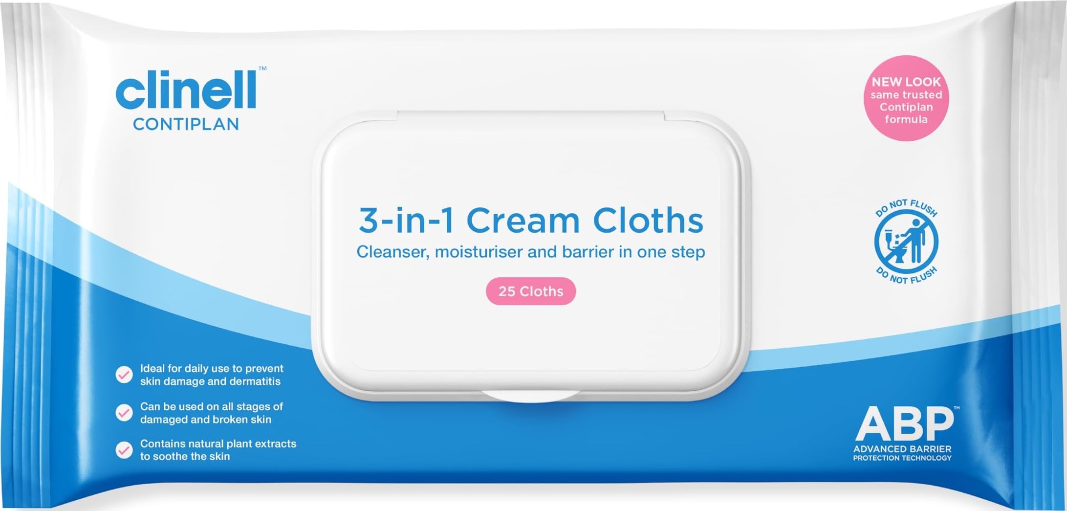 Clinell CONTIPLAN Incontinence Cleansing Cloths with Barrier Cream - All in One Cleansing Wipes Cleanses, Soothes and Moisturises - Pack of 25 Cloths