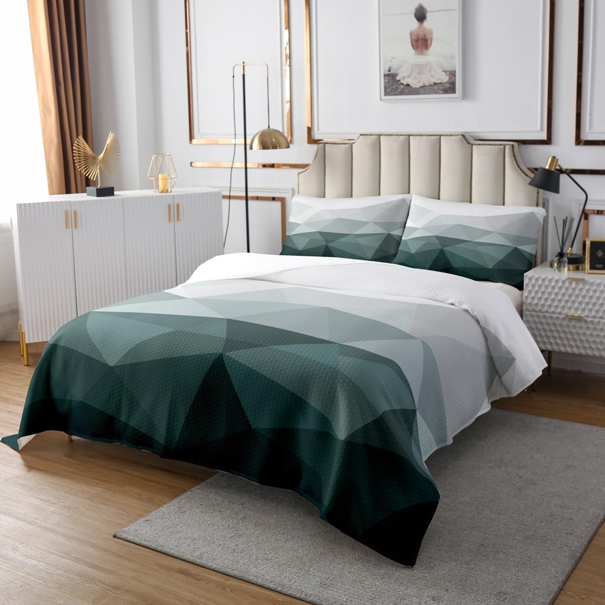 Erosebridal Abstract Geometric Quilt Set Twin Size for Kids Teens Adults,Ombre Green Triangle Coverlet Set,Minimalist Aesthetic Bedspread Set,Contemporary Bed Cover Bedroom Decor