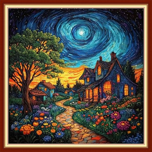 Image of Joyhoor Cross Stitch Kits for Beginners Stamped Cross-Stitch Supplies Needlework preprint Embroidery Kits for Adults DIY Needlepoint Kits Embroidery Patterns 11CT-Starry Night Home 18x18 inchs