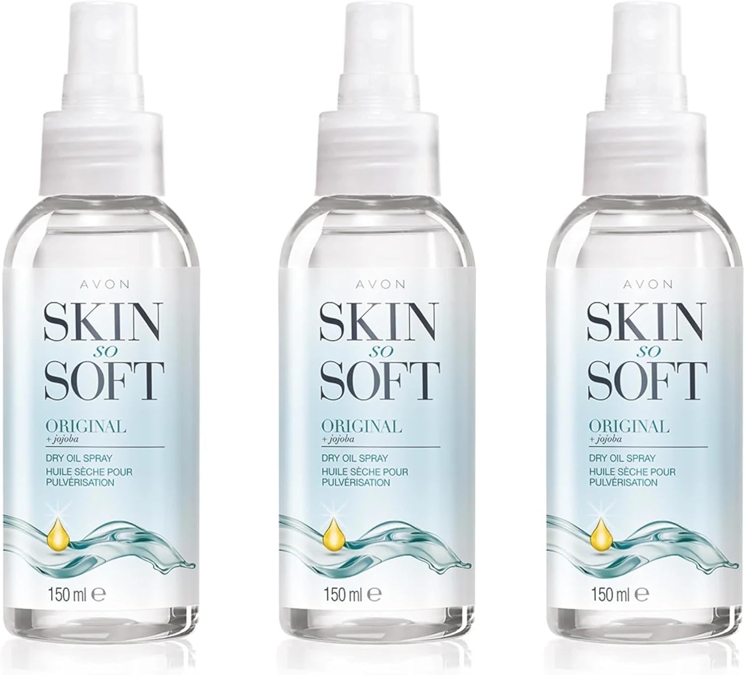 AVON Skin So Soft Trío de Spray de Aceite Seco 150ml, Sella la Hidratación, Formulado con Aceite de Jojoba y Vitamina E, Fórmula de Secado Rápido, Libre de Crueldad Animal