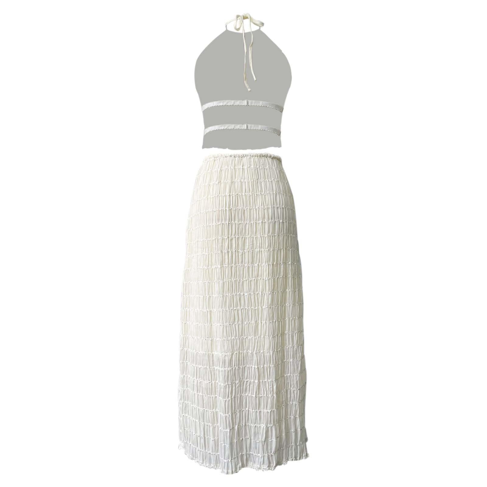 Conjunto de Falda Larga de Dos Piezas para Mujer - Conjunto Elegante de Falda Larga Plisada y Top Corto con Detalles de Cuentas para Mujer