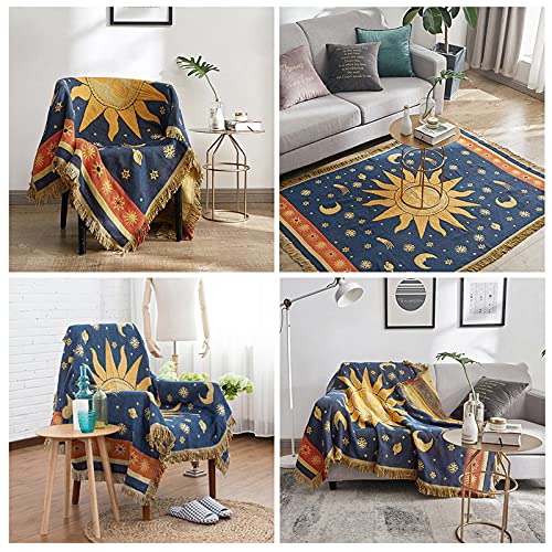 Sonne und Mond Tagesdecke mit Fransen,Doppelseitig Baumwoll Gewebt indianer decke 130X 180CM - Eignet Sich als Couchdecke bettüberwurf Sesseldecke und auch als sofaüberwurf,Gelb/Blau - Image 5