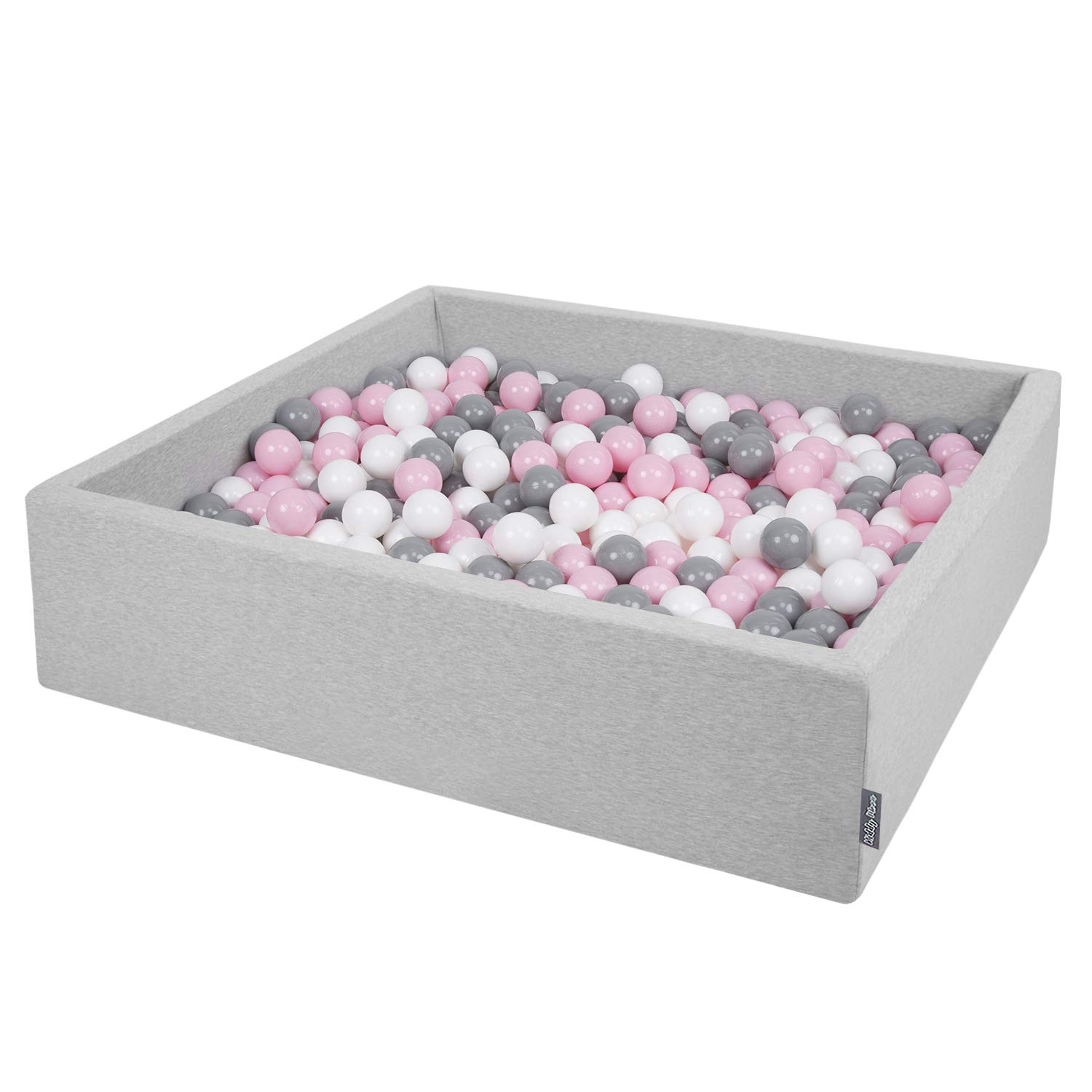 KiddyMoon Soft Ball Pit Square 120X30cm/300 Balls ∅ 7Cm / 2.75In For Kids, Foam Ball Pool Baby Playballs Children, Made In EU, Light Grey:White-Grey-Powder Pink