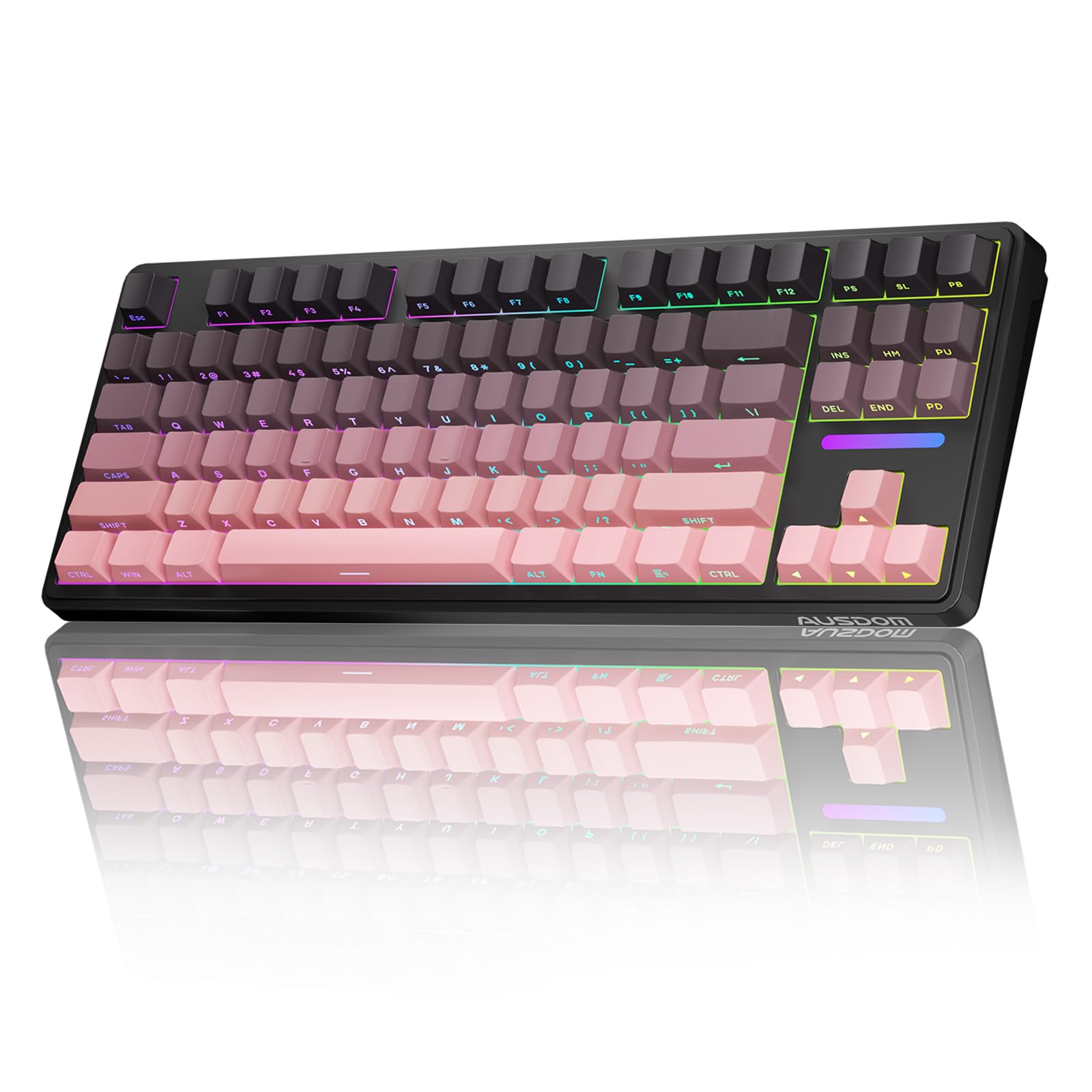 AUSDOM Wireless Mechanical Gaming Keyboard: 10000mAh Battery Tri-Mode 2.4G/BT5.3/USB-C Hot Swappable Custom Keyboard with RGB Backlit, Side Printed PBT Keycaps, 15-Layer Gasket Structure, Black Pink