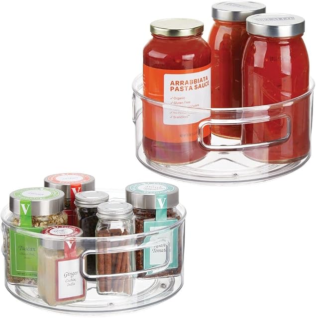 mDesign Set of 2 Rotatable Vanity Tray  Bathroom Storage for Lotions, Cosmetics & Medication  Round Makeup Storage for Bathroom & Kitchen  Clear