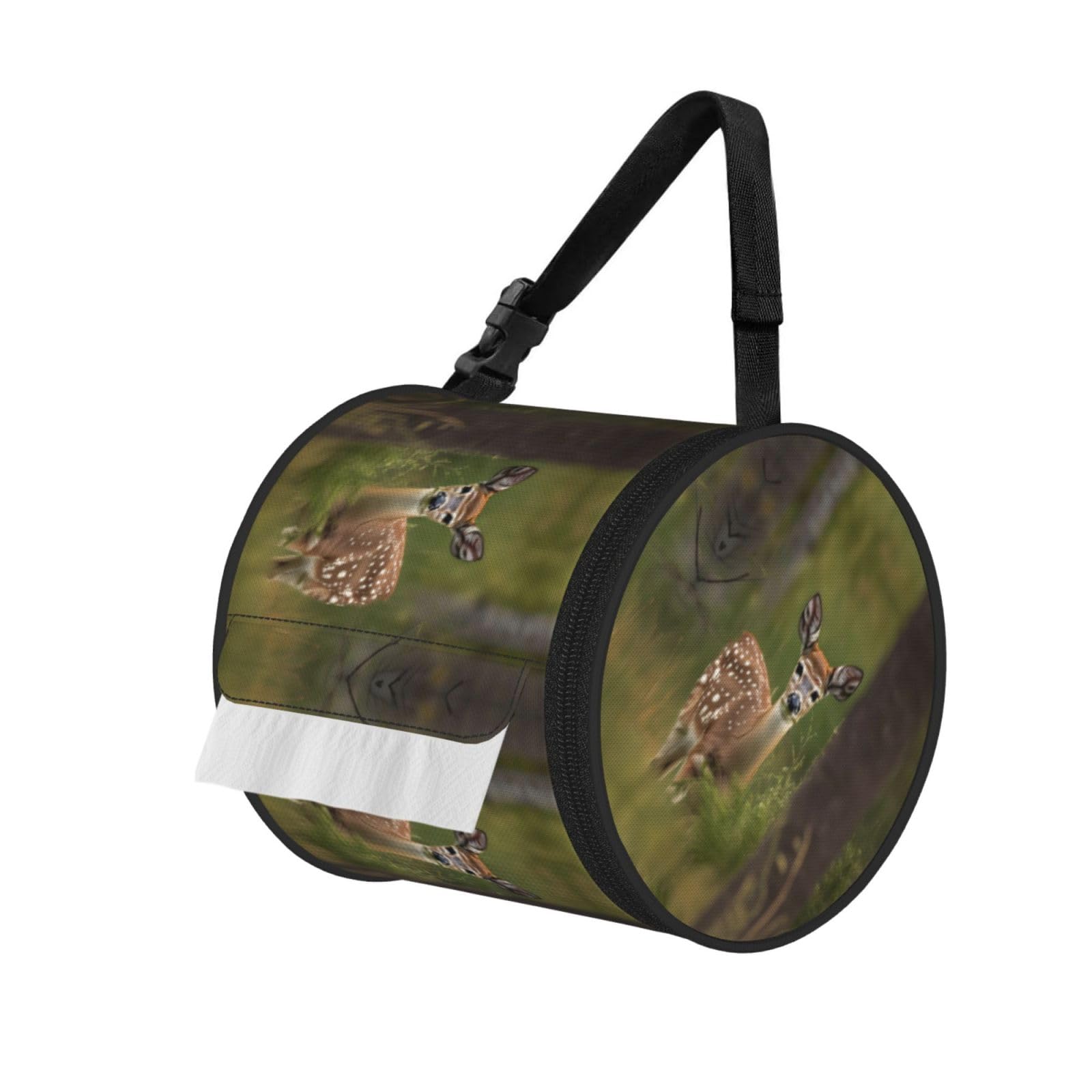 Whitetail Deer Fawn In Wilderness Stag Print Cylinder Tissue Organizer Bag With Strap, Portable Toilet Roll Holder For Camping Car