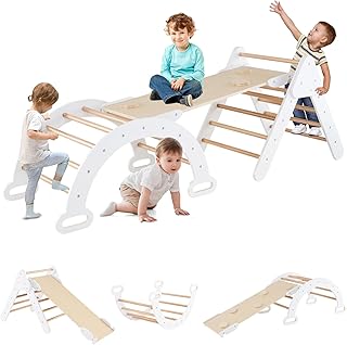 RELAX4LIFE 5 en 1 Triángulo de Escalada para Niños con Tobogán, Arco de Escalada, Escalera, Rampa Reversible, Juguetes Montessori de Madera de Haya para Niños de 1+ Años (Modelo 6 Blanco)