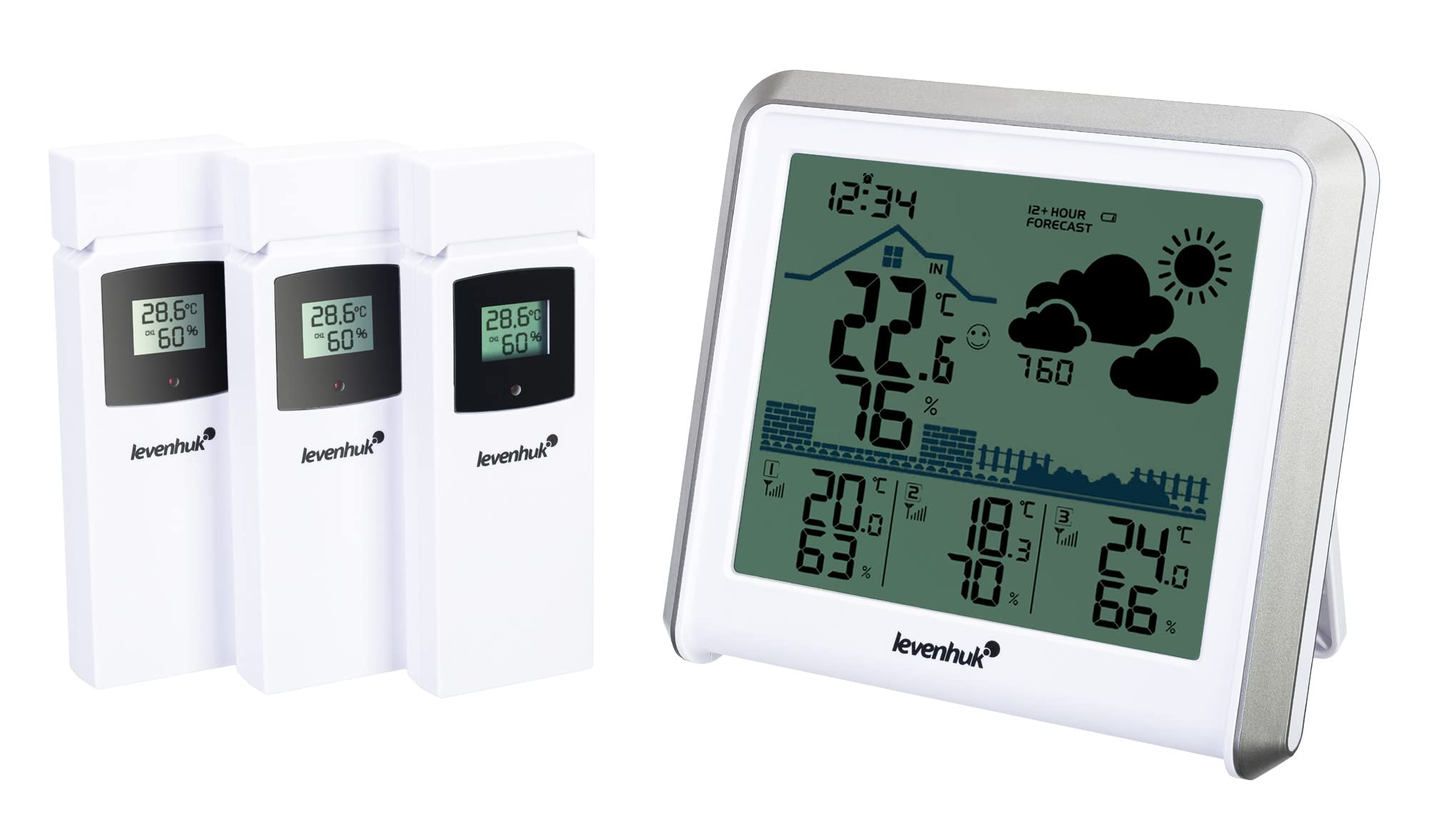 Stazione Meteo Digitale e Wireless Levenhuk Wezzer PLUS LP50 con 3 Sensori Remoti, Termometro, Igrometro, Barometro, Sveglia e Calendario
