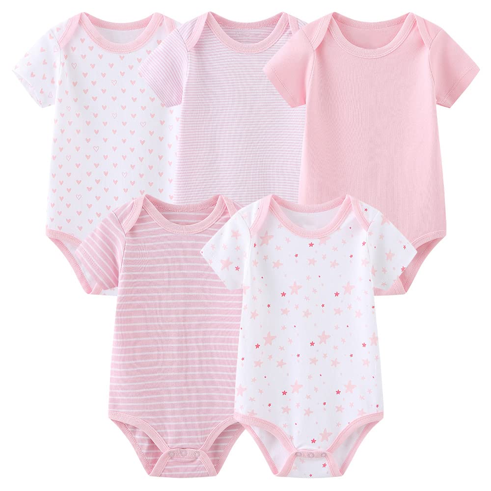 Chamie Men's Pink Baby Bodysuit Cotton Short Sleeve Vests For Newborn 5-Pack One-Piece Suit For Boy And Girl 0-12 Months