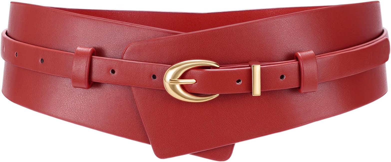 Wide Waist Belts for Women Dresses Fashion Ladies Leather Belt 2-in-1 Wide Waistband with Skinny Belt for Suits