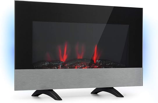 Klarstein Basel Baseline Electric Fireplace Fan Heater, Power 2000 Watt, 2 Heat Settings, LED Flame Illusion in 7 Colours, LED Backlight, Thermostat, Weekly Timer, LED Display, Black