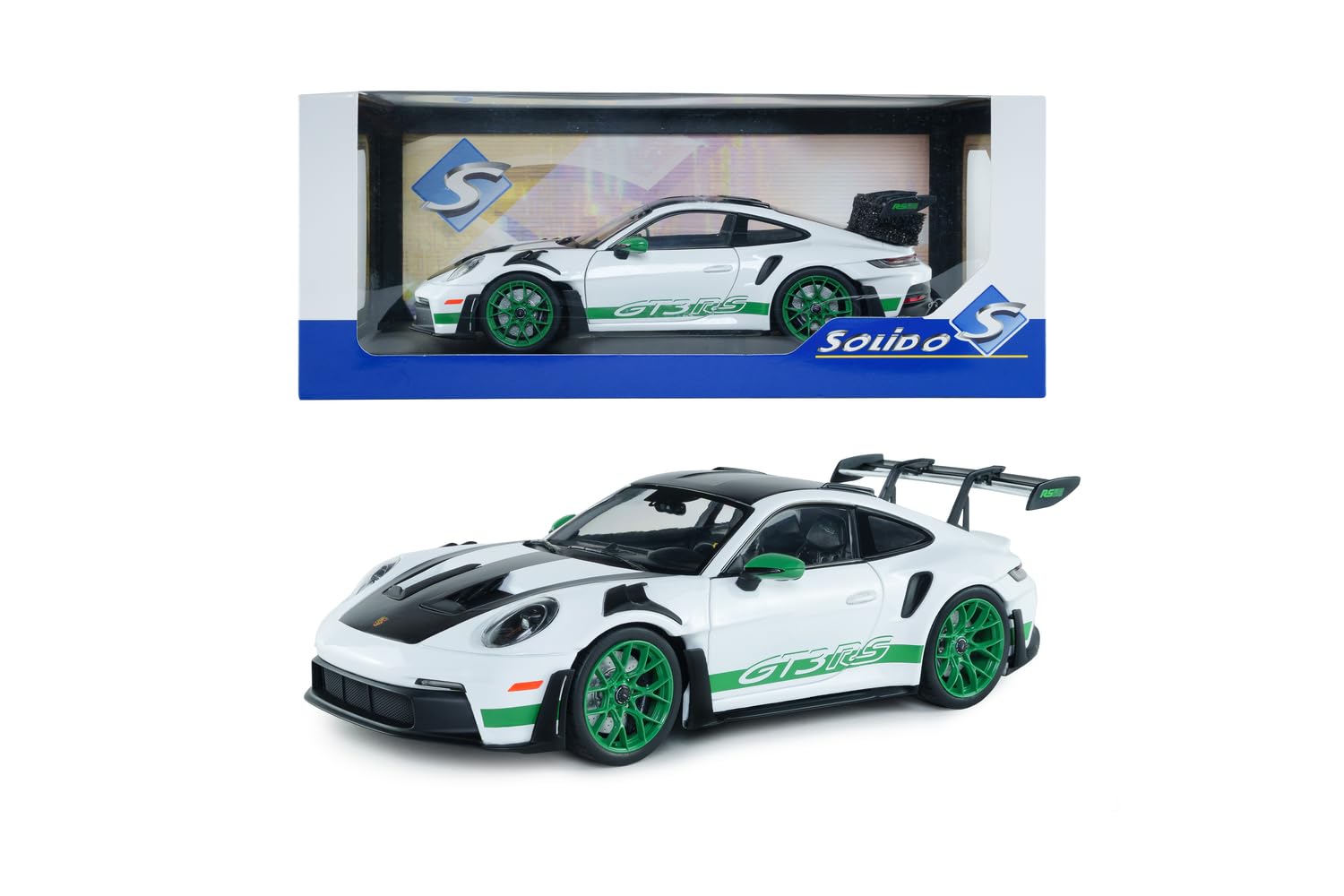 Solido - Porsche 911 GT3 RS 2024 1:18 - Maquette Die-Cast Tribute to Carrera RS Package, Modèle à Collectionner en métal Blanc avec Base en Plastique, boîte à fenêtre