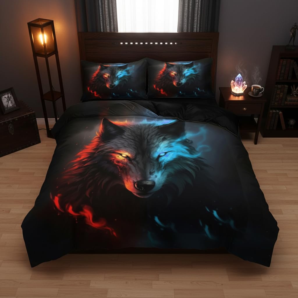 Kids Boys Wolf Bedding Set Twin Size, 3D Abstract Animal Duvet Cover for Western Farmhouse Bedroom Decor, 2 Pcs Warm Microfiber Bed Set with 1 Pillowcase, 68"x86" Red Blue