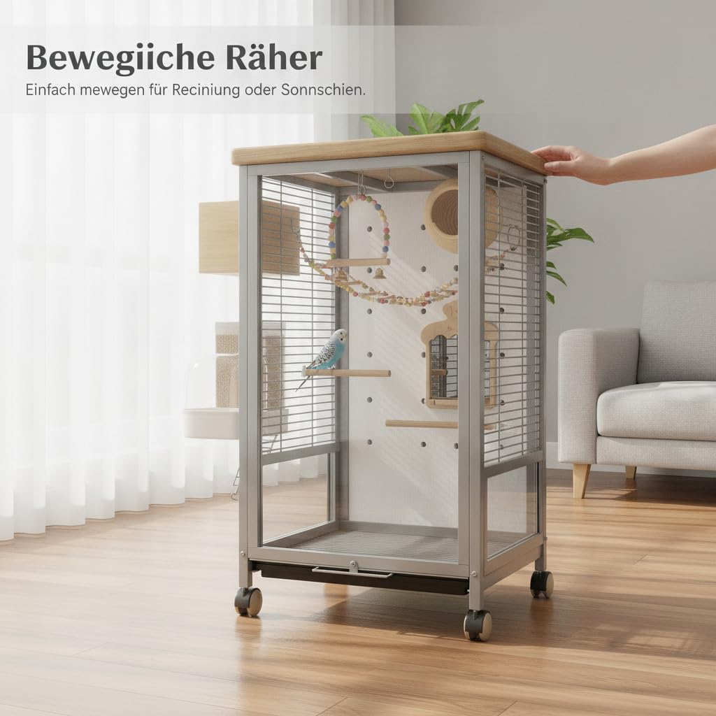 Groß Vogelkäfig für Wellensittiche und Papageien, Robustes Metall mit tür, für drinnen, Porzellanweiß, Gehärtetes Glas Heimvogelkäfig [Spiel & Spaß] 19-teiliges Set, Weiß