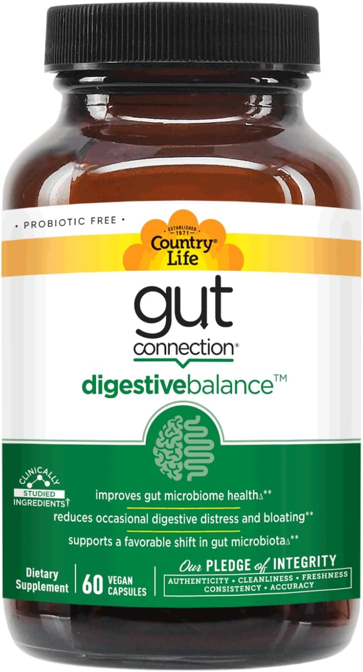 Country Life Gut Connection Digestive Balance – Prebiotic & Digestive Enzyme Supplement for Gut Health, Bloating Relief, and Improved Bowel Movements – Gluten-Free, Vegan, Non-GMO, 60 Capsules